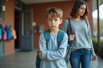 Garçon de 7 ans avec sa mère devant l'école