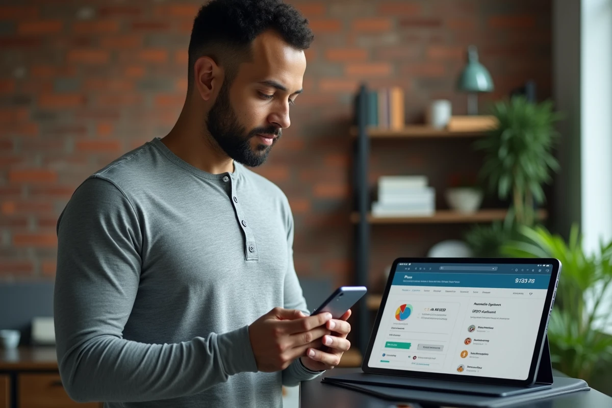 Homme consultant son compte mutuelle PRO BTP sur tablette et smartphone à domicile