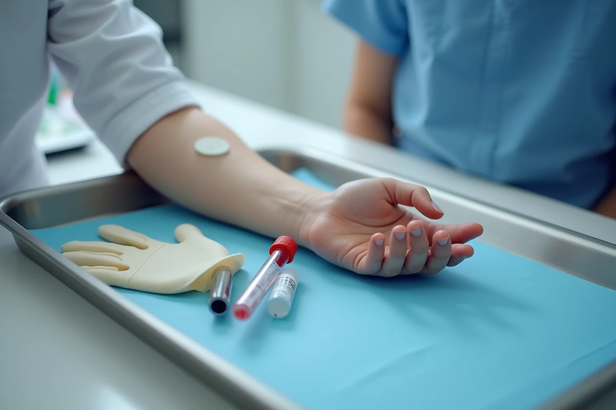 Gros plan sur le bras d'un enfant avec un pansement après prélèvement sanguin, tubes de collecte de sang sur plateau médical en laboratoire