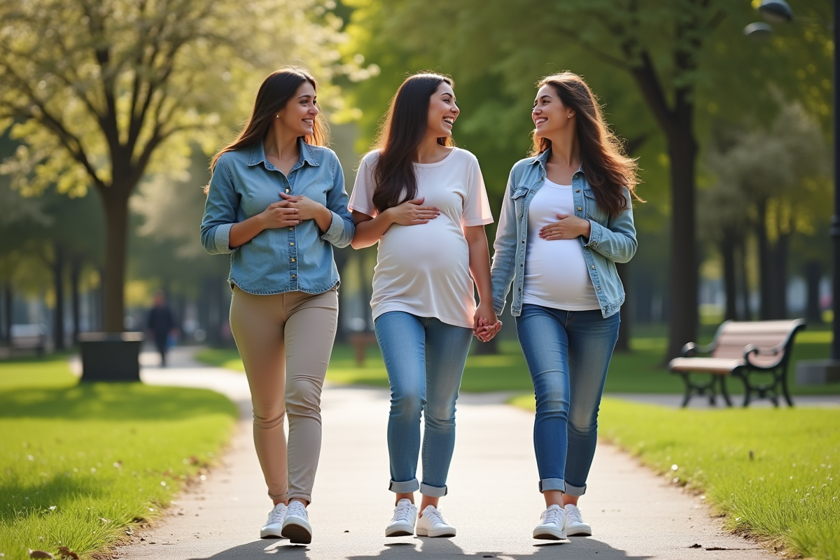 Trois femmes enceintes riant dans un parc urbain