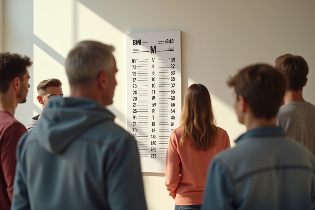 Groupe d'adultes regardant un tableau BMI en plein jour
