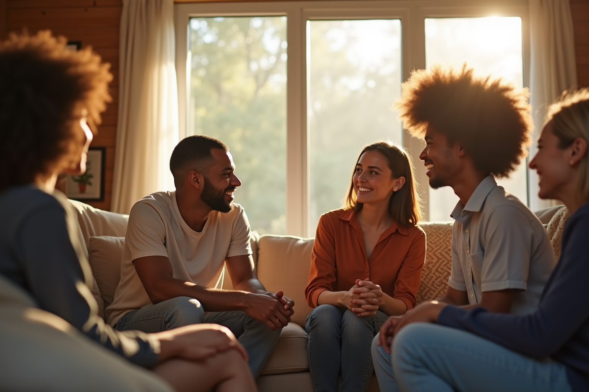 Groupe divers en conversation dans un salon lumineux