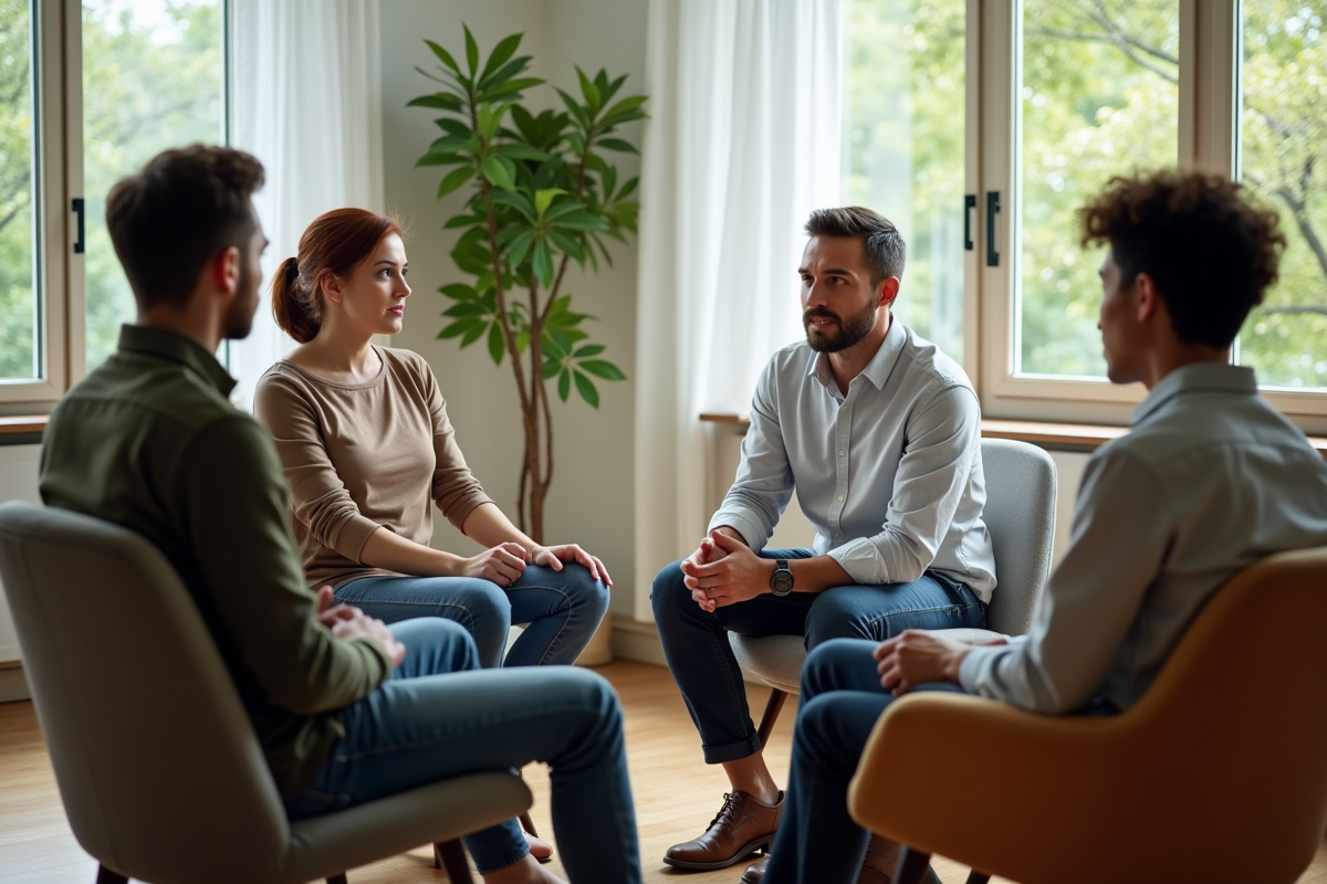 Groupe de jeunes adultes en discussion avec un psychologue dans une salle lumineuse