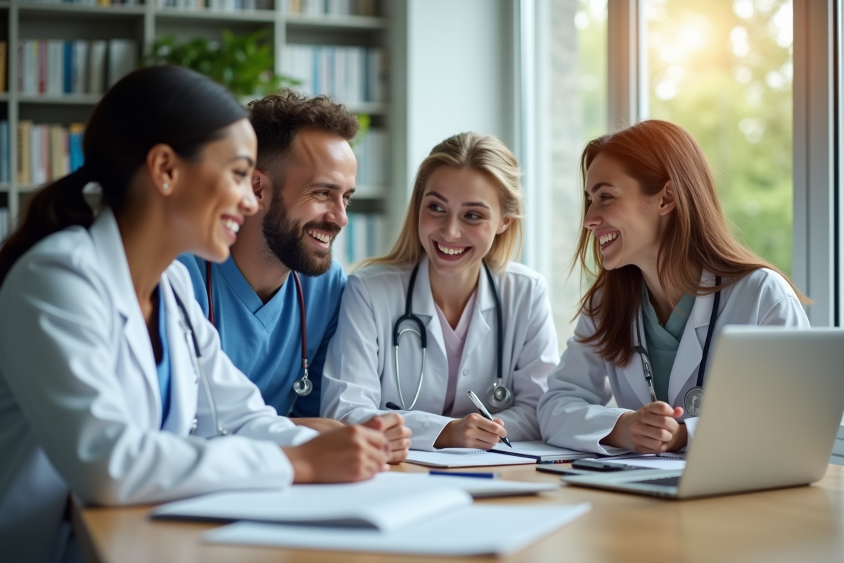Groupe d'étudiants en médecine souriants à la bibliothèque