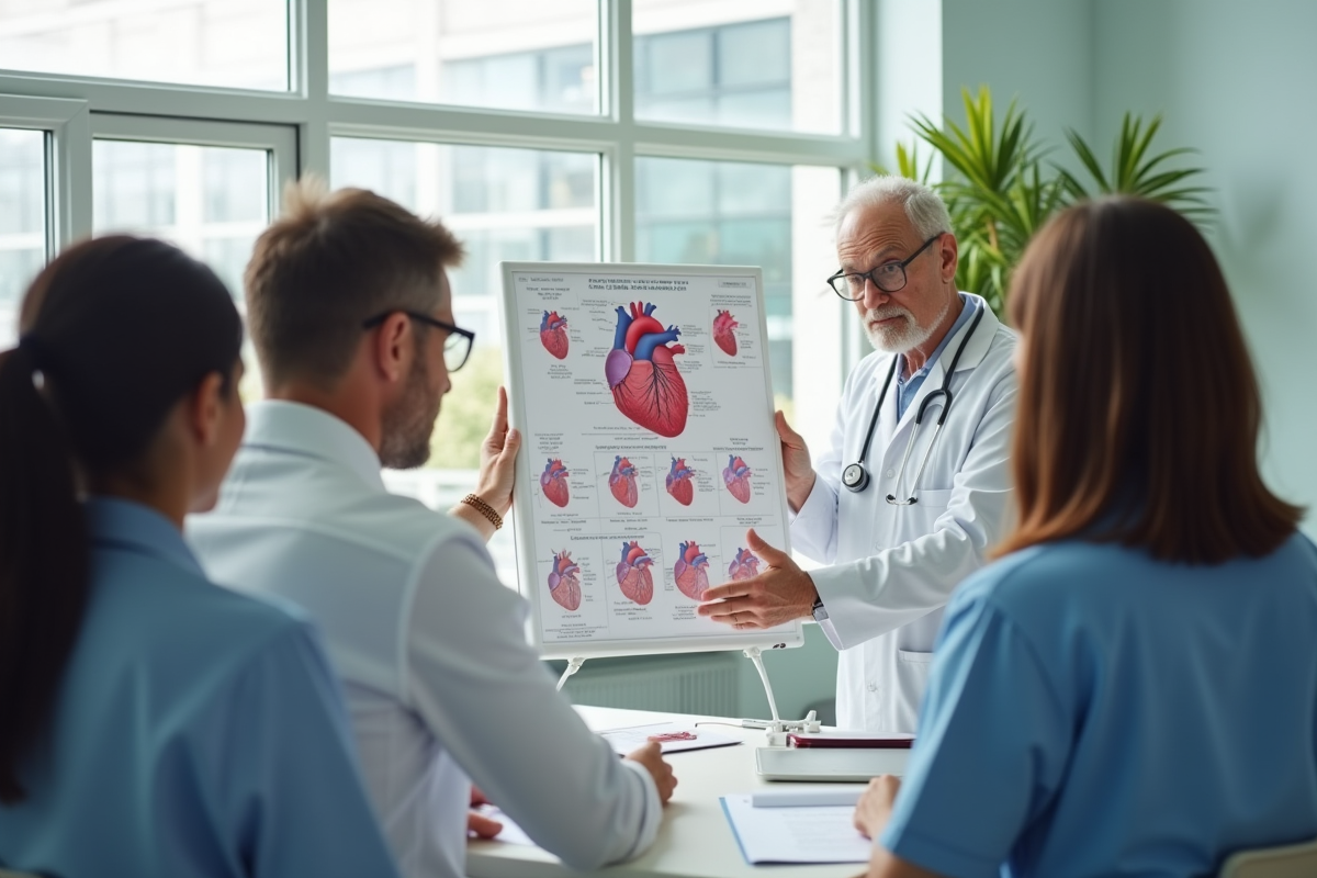 Groupe de personnes dans une clinique avec un cardiologue et un cœur anatomique