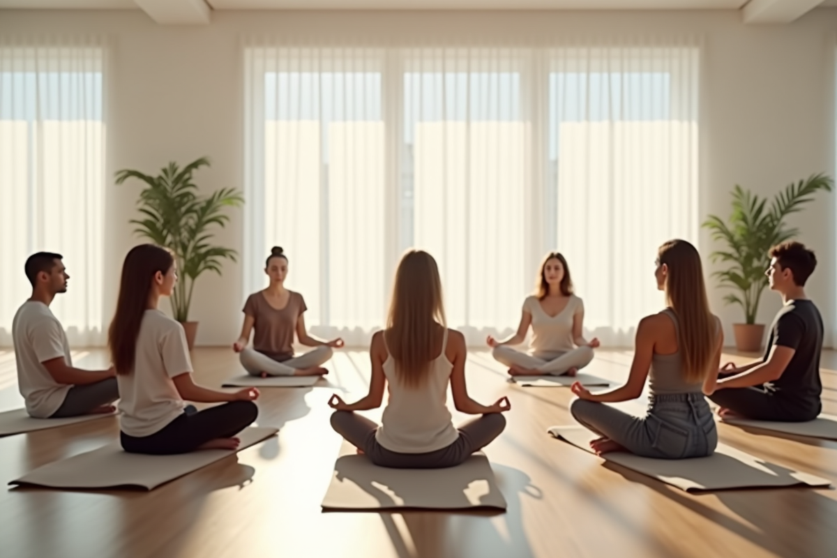 Groupe de méditation dans une salle minimaliste