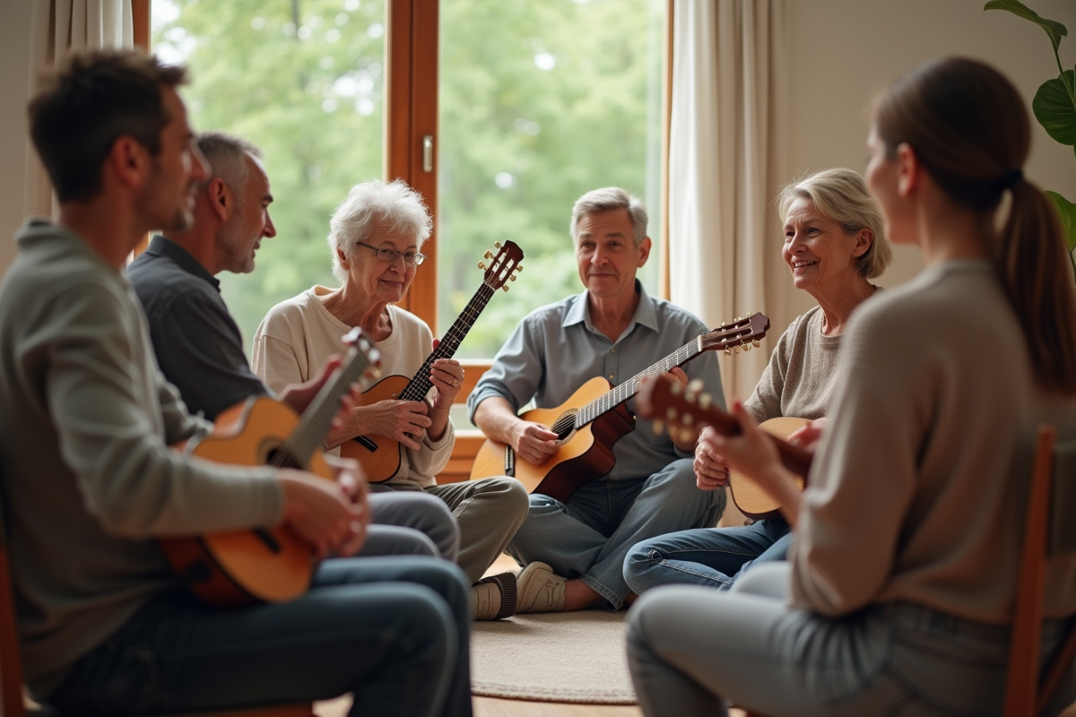 Groupe divers d adultes en séance de musicotherapie en cercle