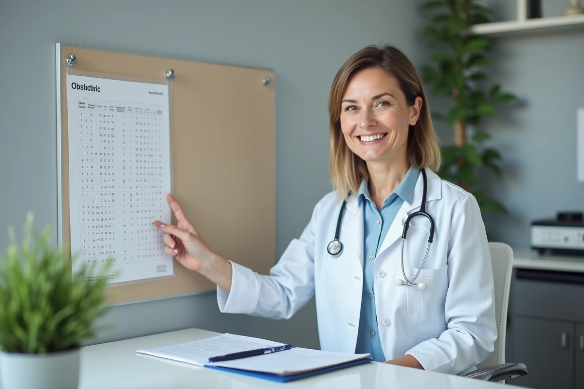 Gynécologue montrant un tableau obstétrical de calcul de la DPA dans son cabinet médical