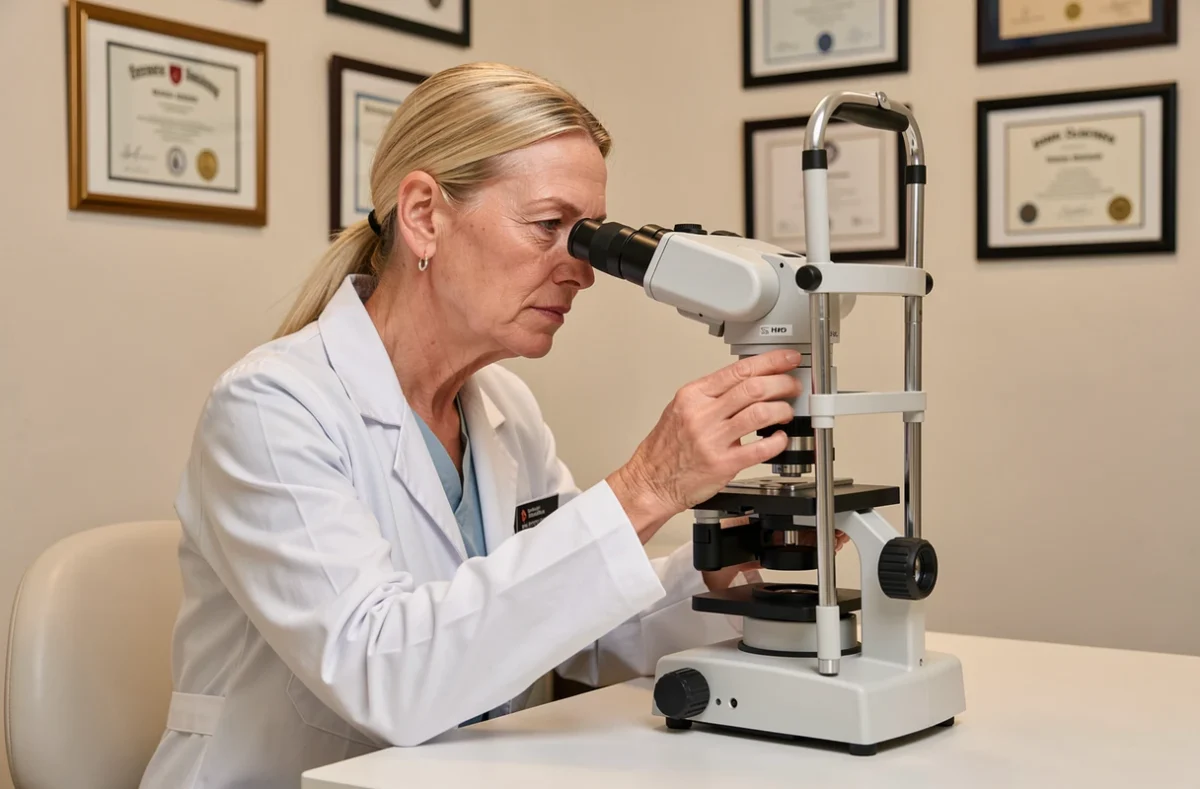 Ophtalmologue femme réglant une lampe à fente dans son cabinet d'ophtalmologie en Bretagne