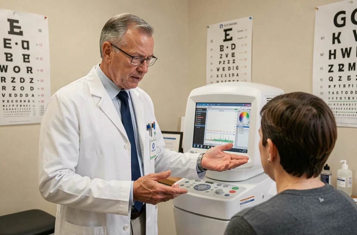 Ophtalmologue senior expliquant les résultats d'un examen du champ visuel à un patient en cabinet