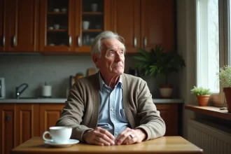 Homme âgé assis à la cuisine regardant par la fenêtre