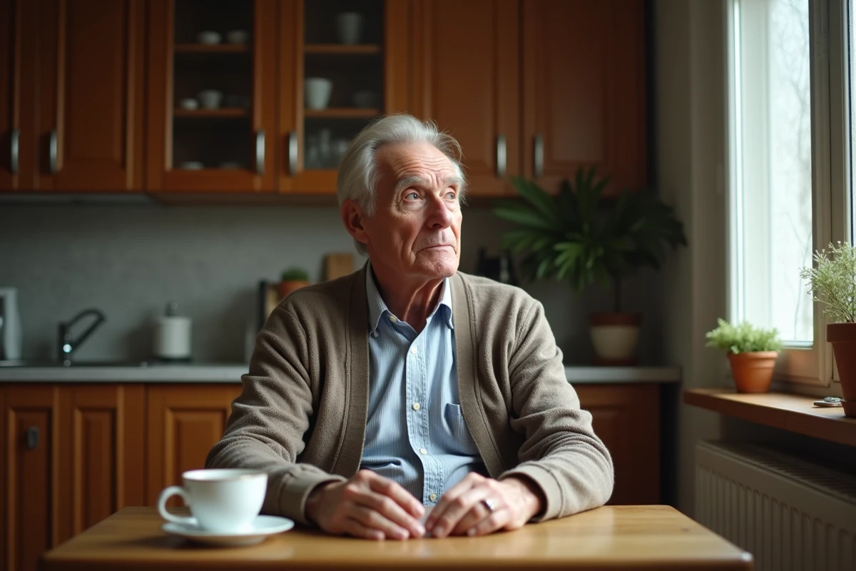 Homme âgé assis à la cuisine regardant par la fenêtre