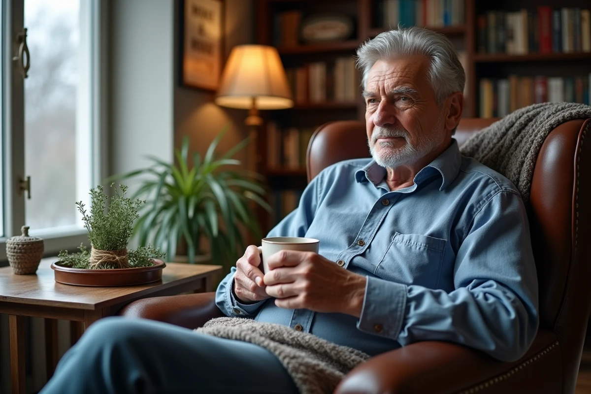 Homme âgé se réchauffant avec une tisane de thym en hiver pour apaiser la toux et les symptômes du rhume