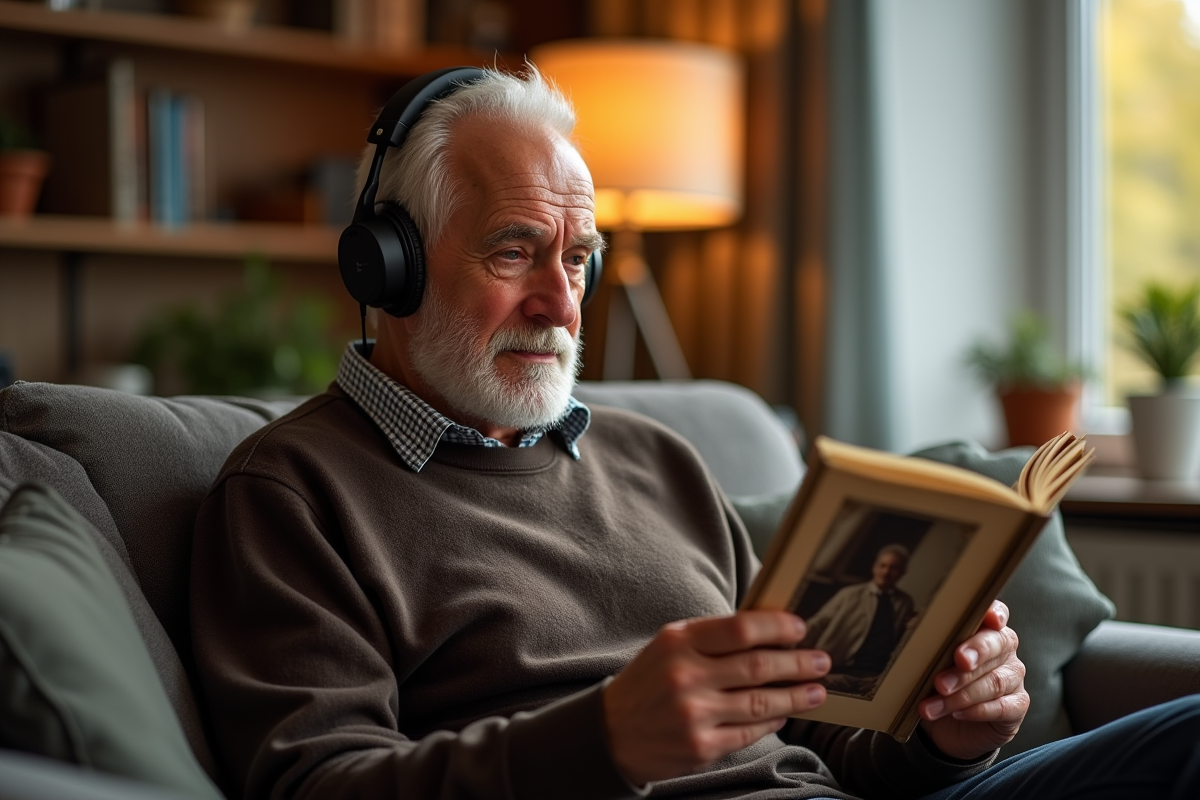 Homme âgé écoute de la musique en regardant un album photo
