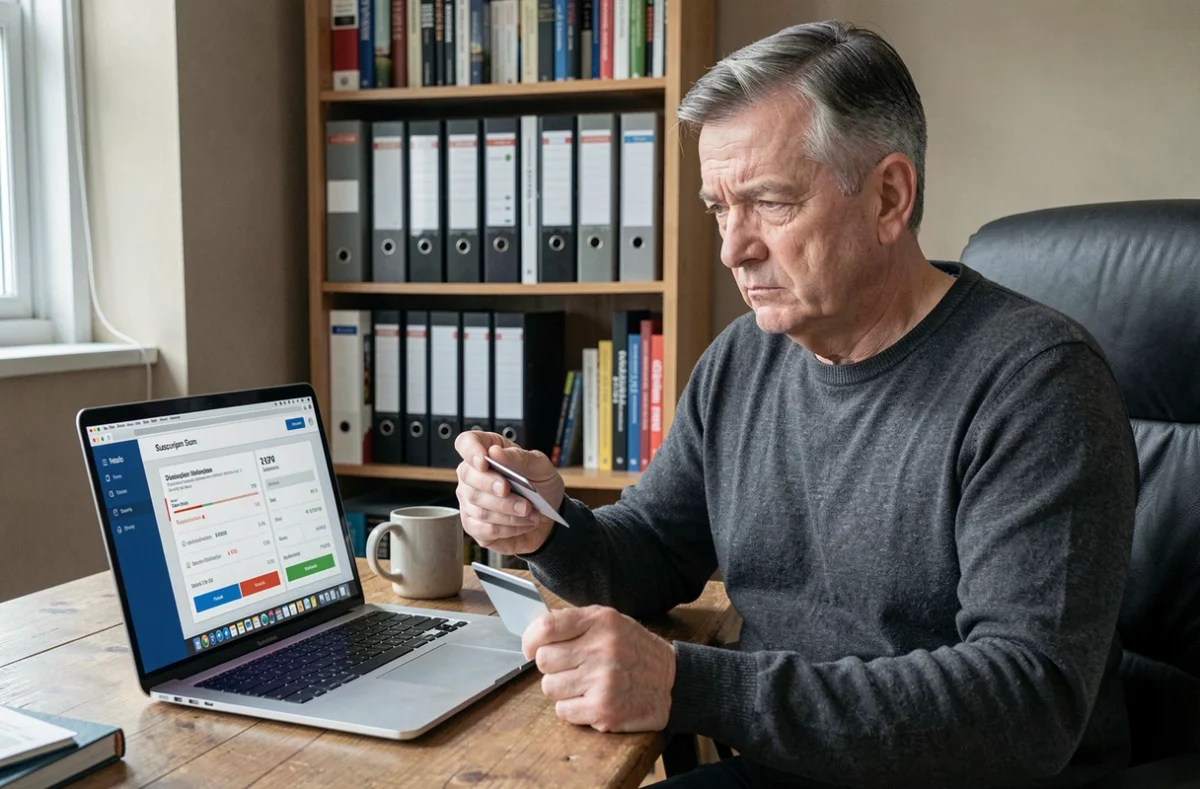 Homme analysant les prix et abonnements d'un complément alimentaire sur son ordinateur portable dans un bureau à domicile, symbolisant la vigilance face aux pièges des abonnements en ligne