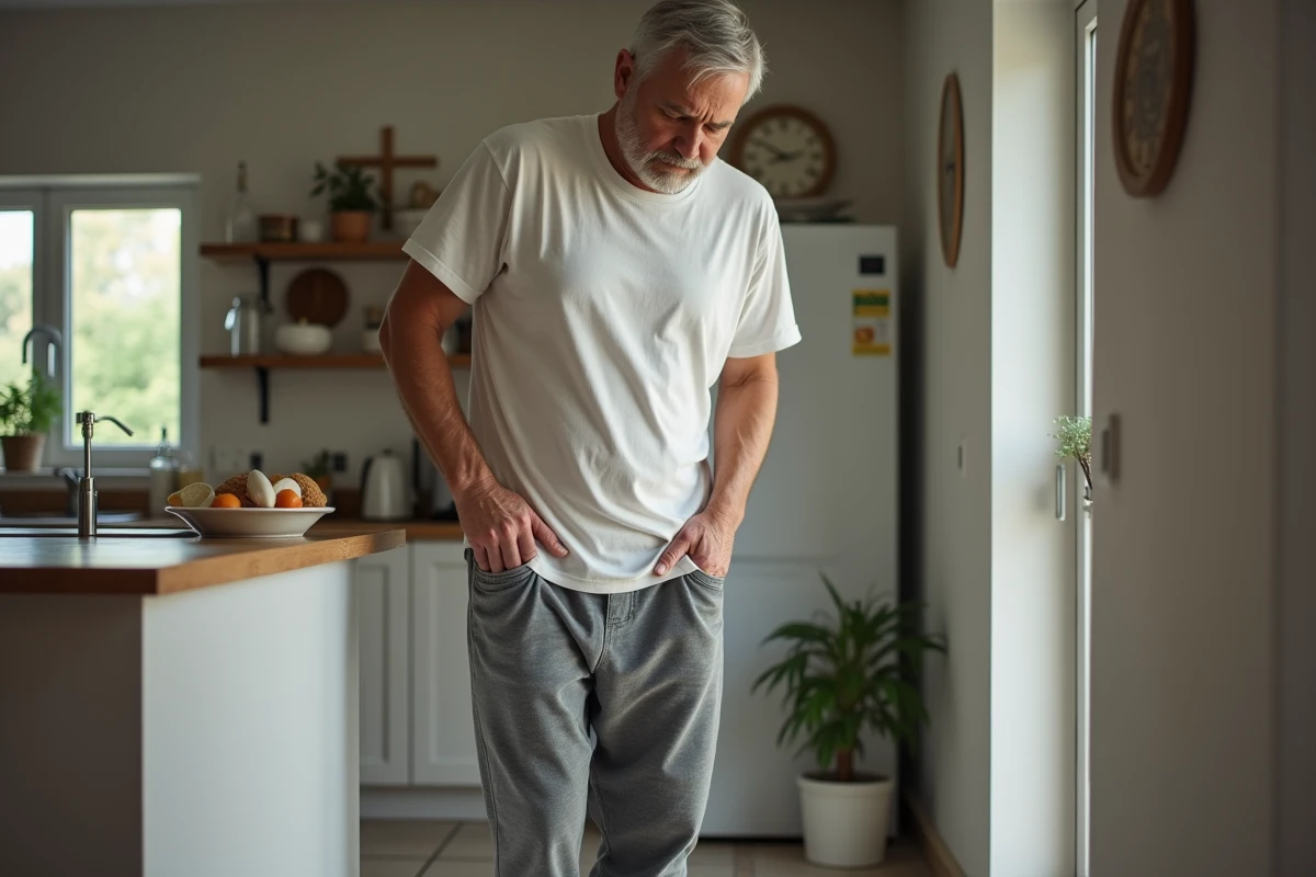 Homme appliquant un compress froid sur la hanche en cuisine