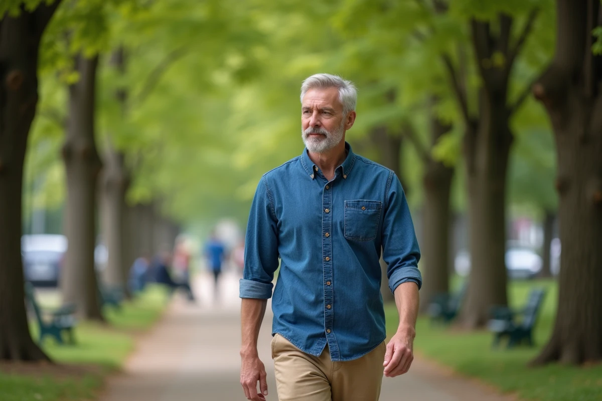 Homme en promenade dans un parc urbain avec ambiance paisible