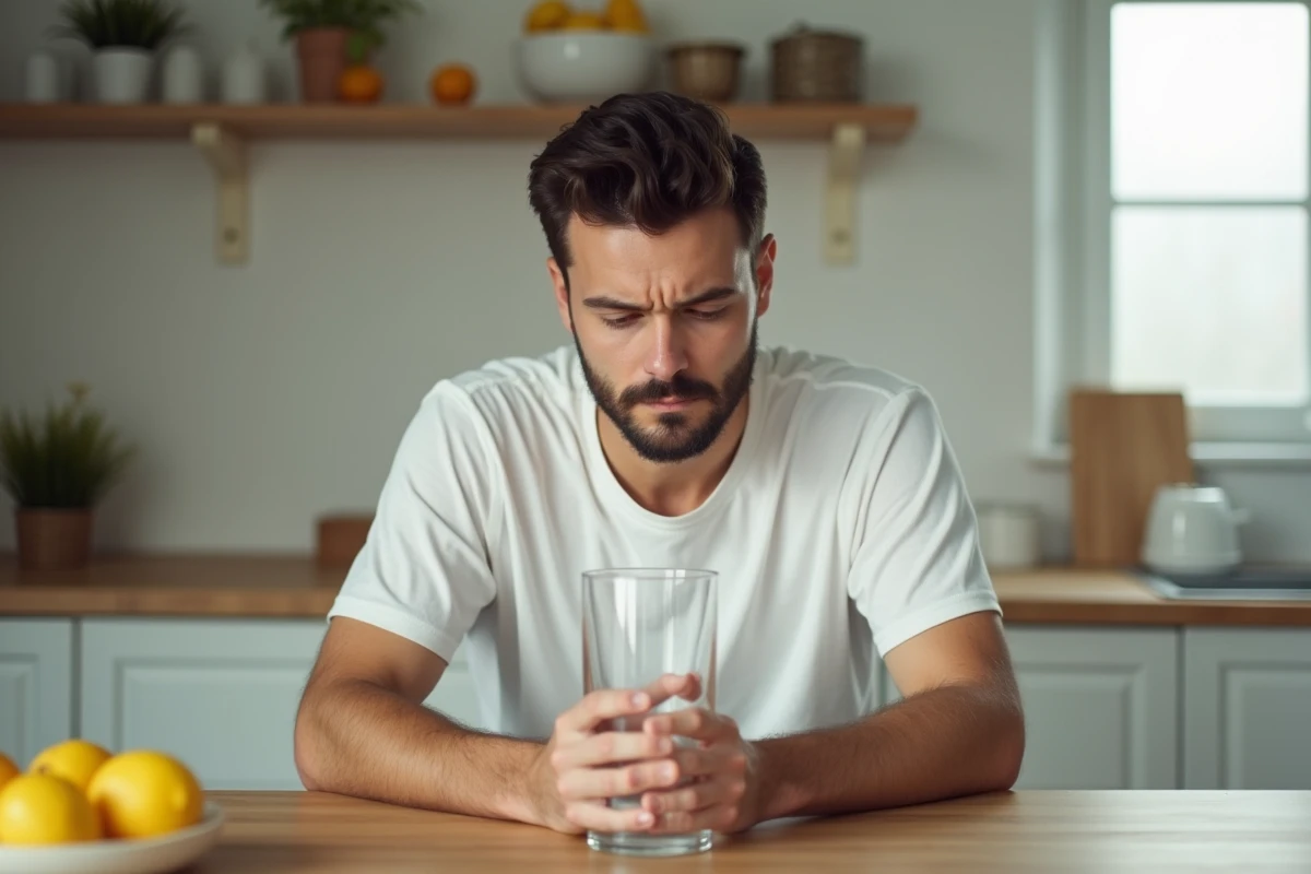 Homme fatigué buvant un grand verre d'eau le matin pour aider à faire baisser les transaminases après des excès d'alcool