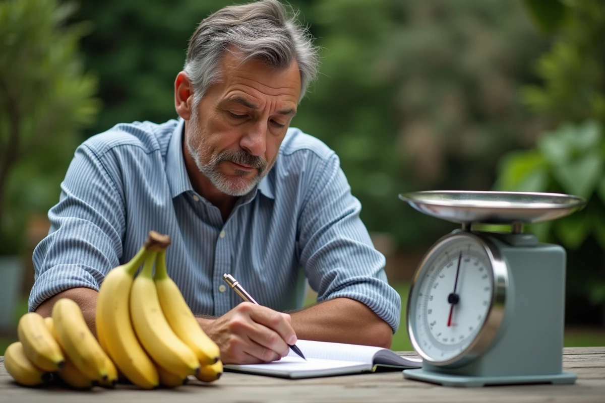 Homme note des chiffres avec des bananes en extérieur