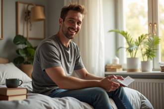 Homme confiant assis sur le lit avec livres et café