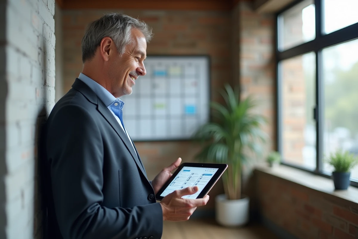 Homme dans espace de coworking regardant son calendrier