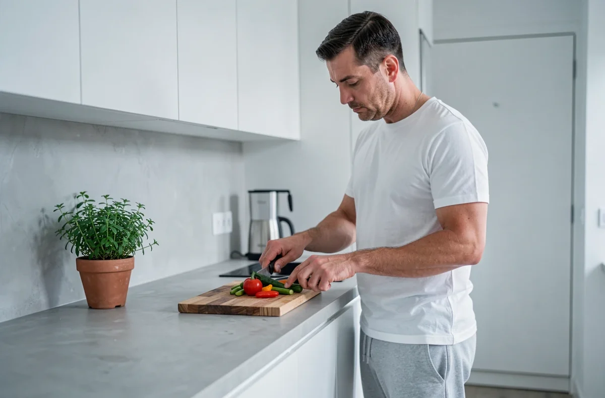 Homme préparant un repas sain dans une cuisine minimaliste représentant un mode de vie simple et zen