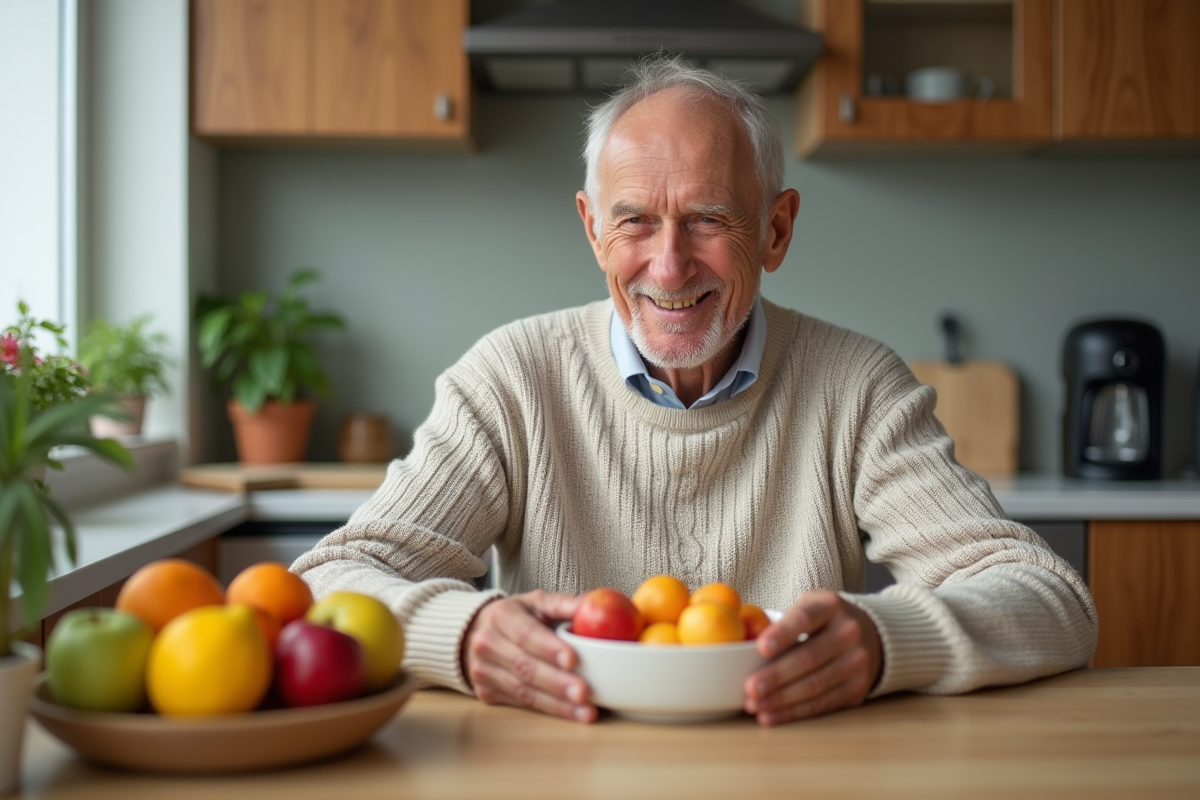 Homme âgé préparant un bol de fruits dans une cuisine chaleureuse