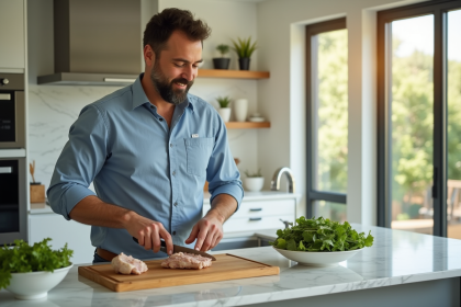 Homme d'âge moyen préparant une salade de poulet dans une cuisine moderne