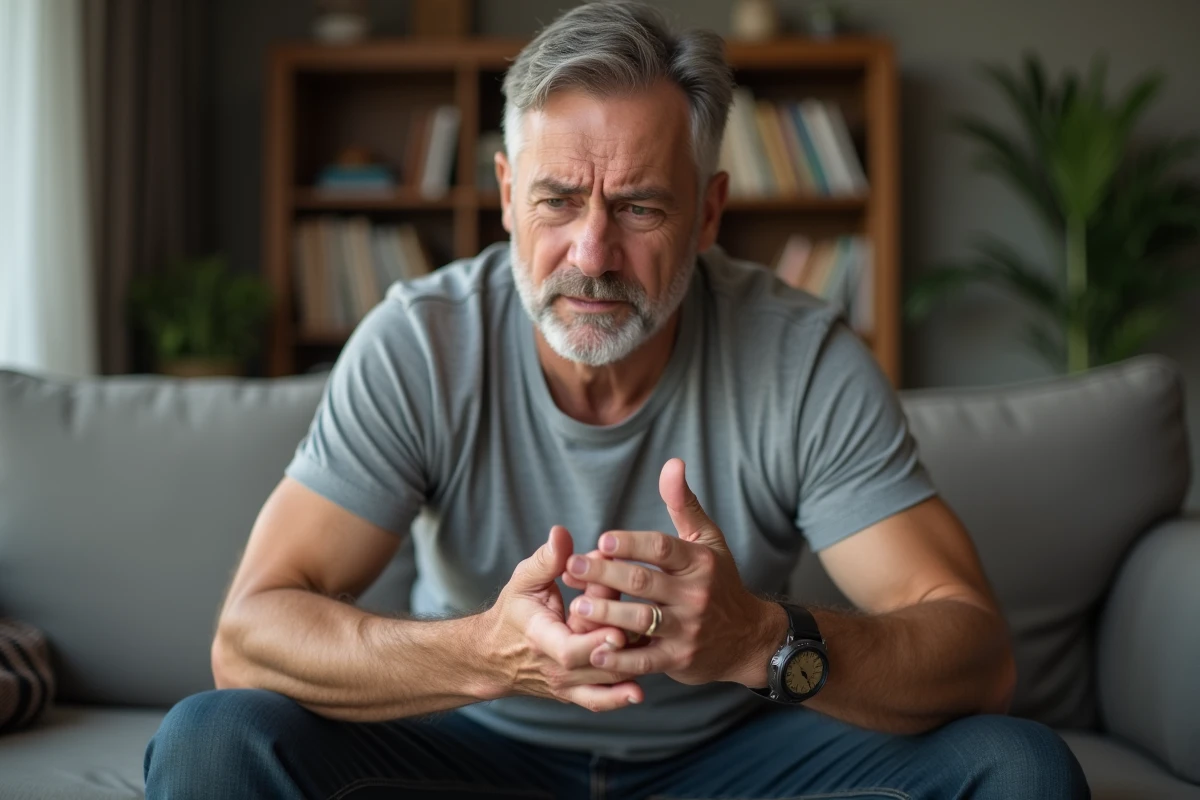 Homme regardant sa main gauche qui gratte avec une expression préoccupée dans un salon