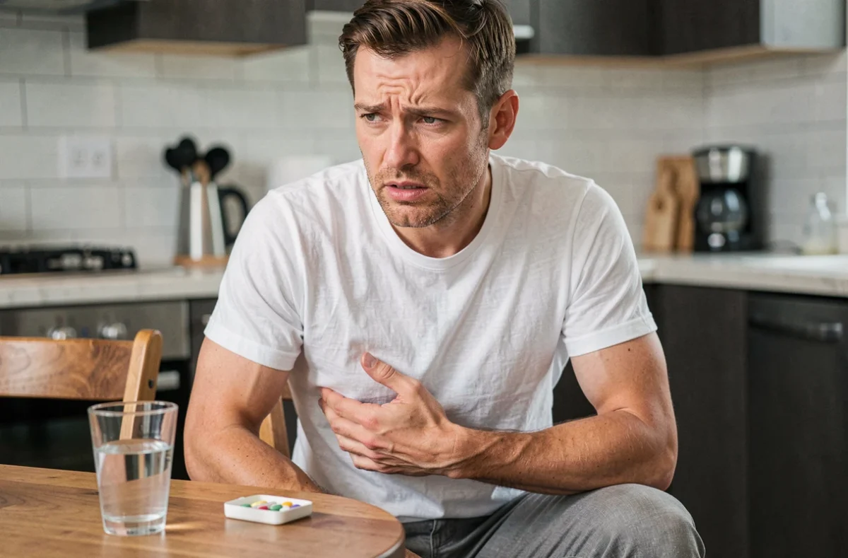 Homme adulte assis à une table de cuisine tenant son côté droit sous les côtes, verre d'eau et pilulier visibles, douleur hypocondre droit