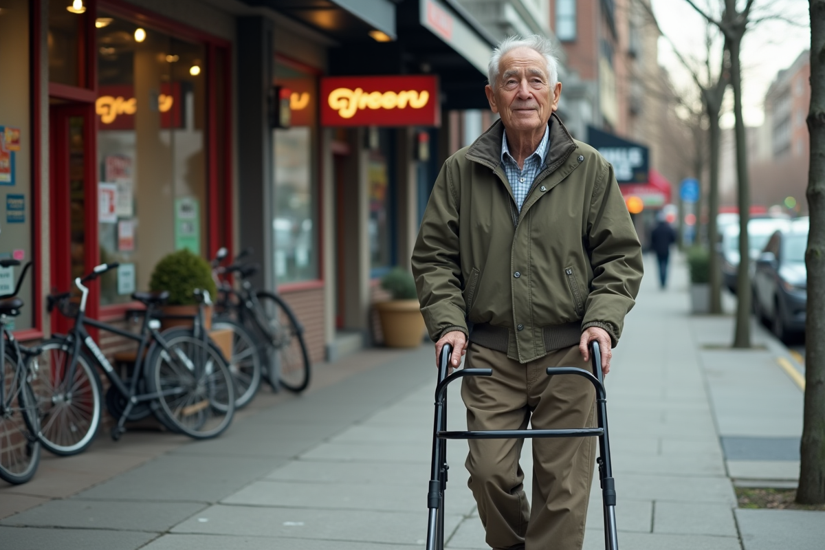 Homme âgé avec déambulateur devant une boutique urbaine