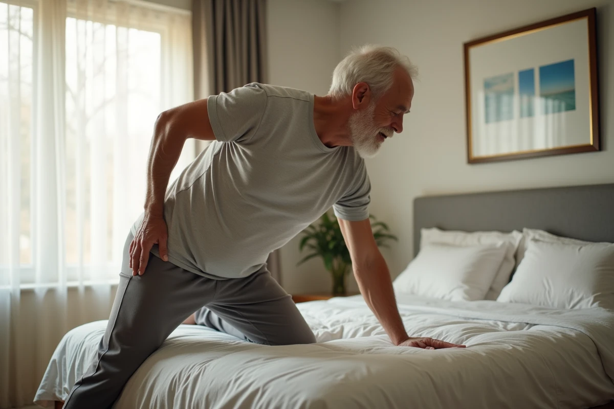 Homme faisant un étirement du dos dans sa chambre lumineuse