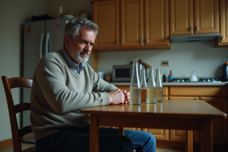 Homme d'âge moyen assis seul à la cuisine avec bouteilles