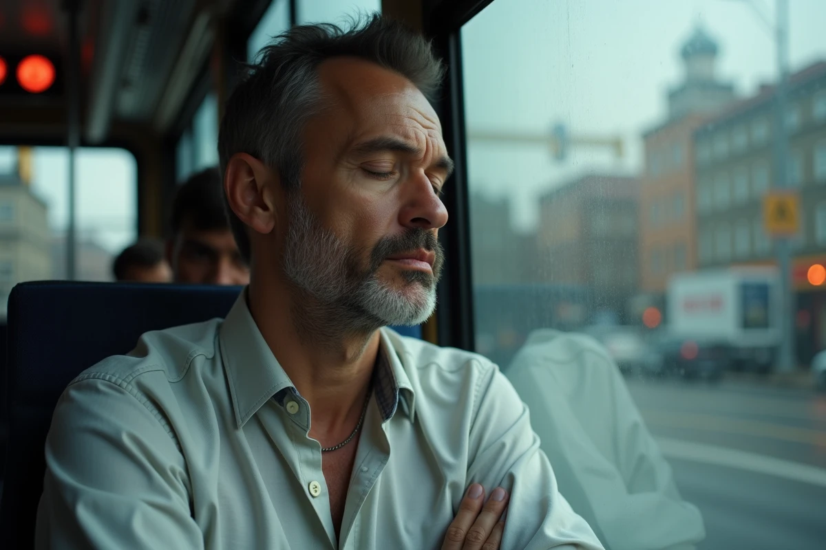 Homme fatigué dans un bus en trajet matin