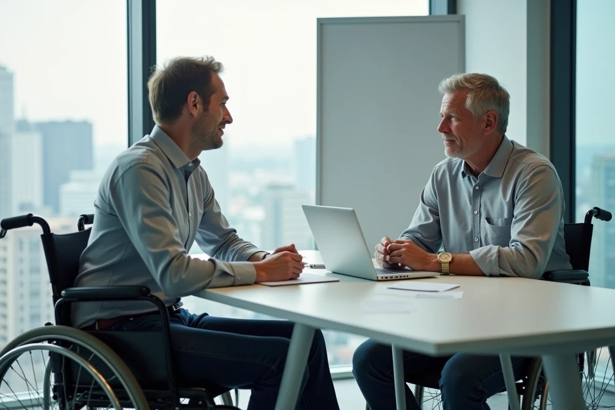 Homme en fauteuil roulant en entretien professionnel avec un responsable RH pour discuter de son statut d'invalidité et de ses droits au travail