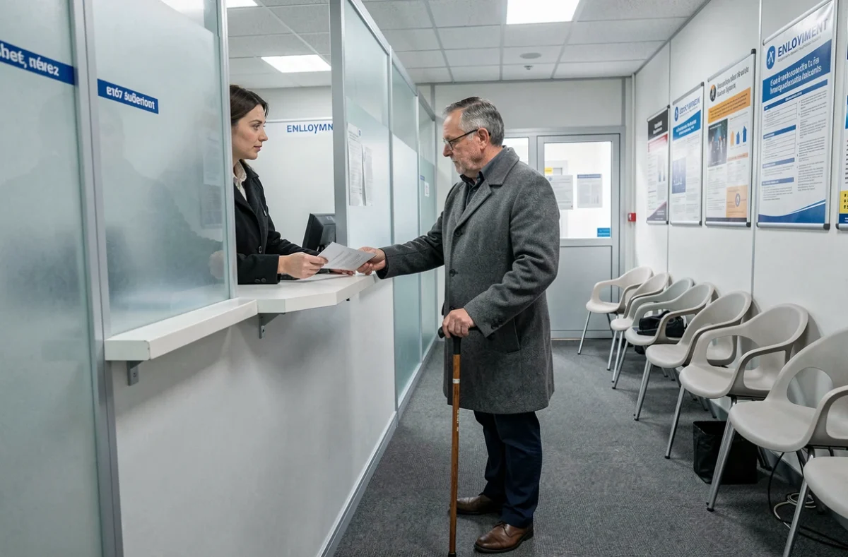 Homme porteur d'un handicap physique déposant un dossier d'invalidité au guichet d'une agence Pôle emploi