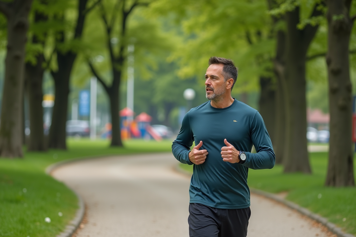 Homme d age courant dans un parc verdoyant avec smartwatch