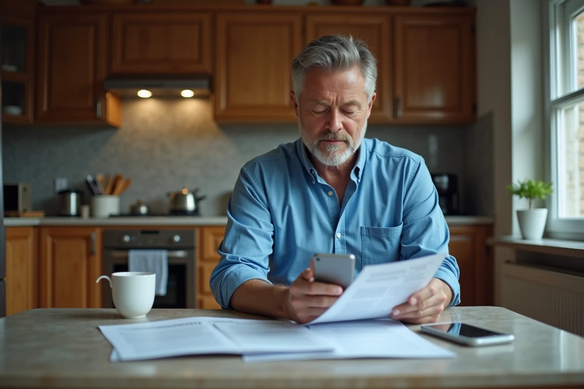 Homme à la maison étudiant des documents de onboarding