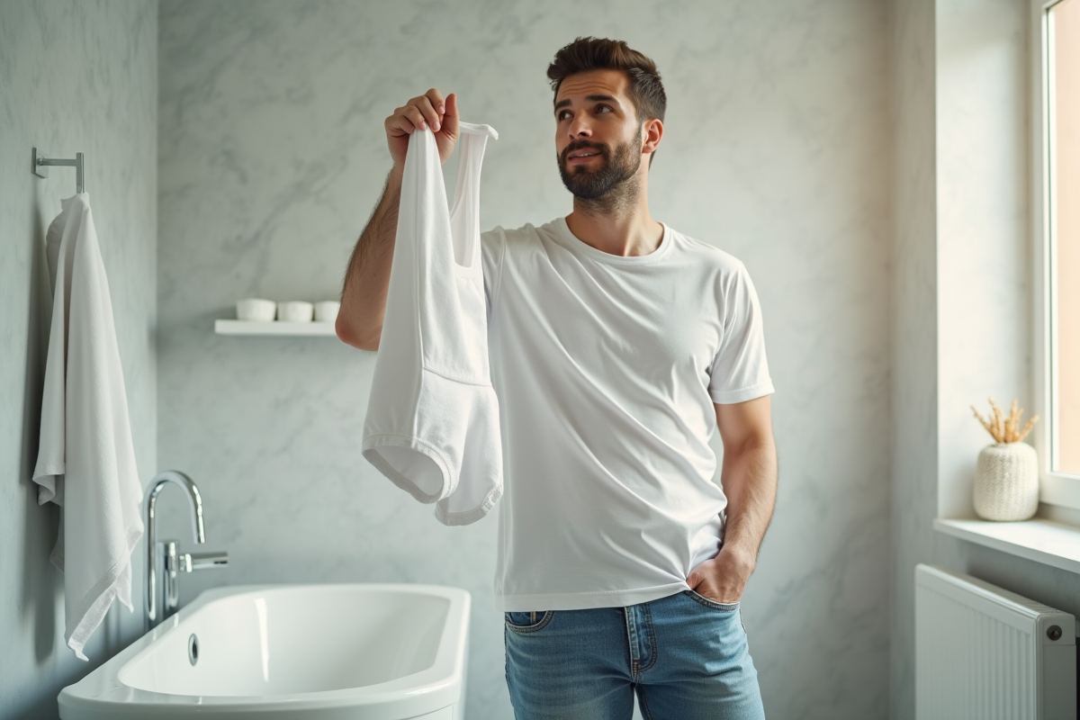 Homme en t-shirt blanc et jeans tenant sous-vêtement propre dans salle de bain