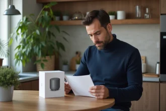 Homme en cuisine lisant un produit et manuel