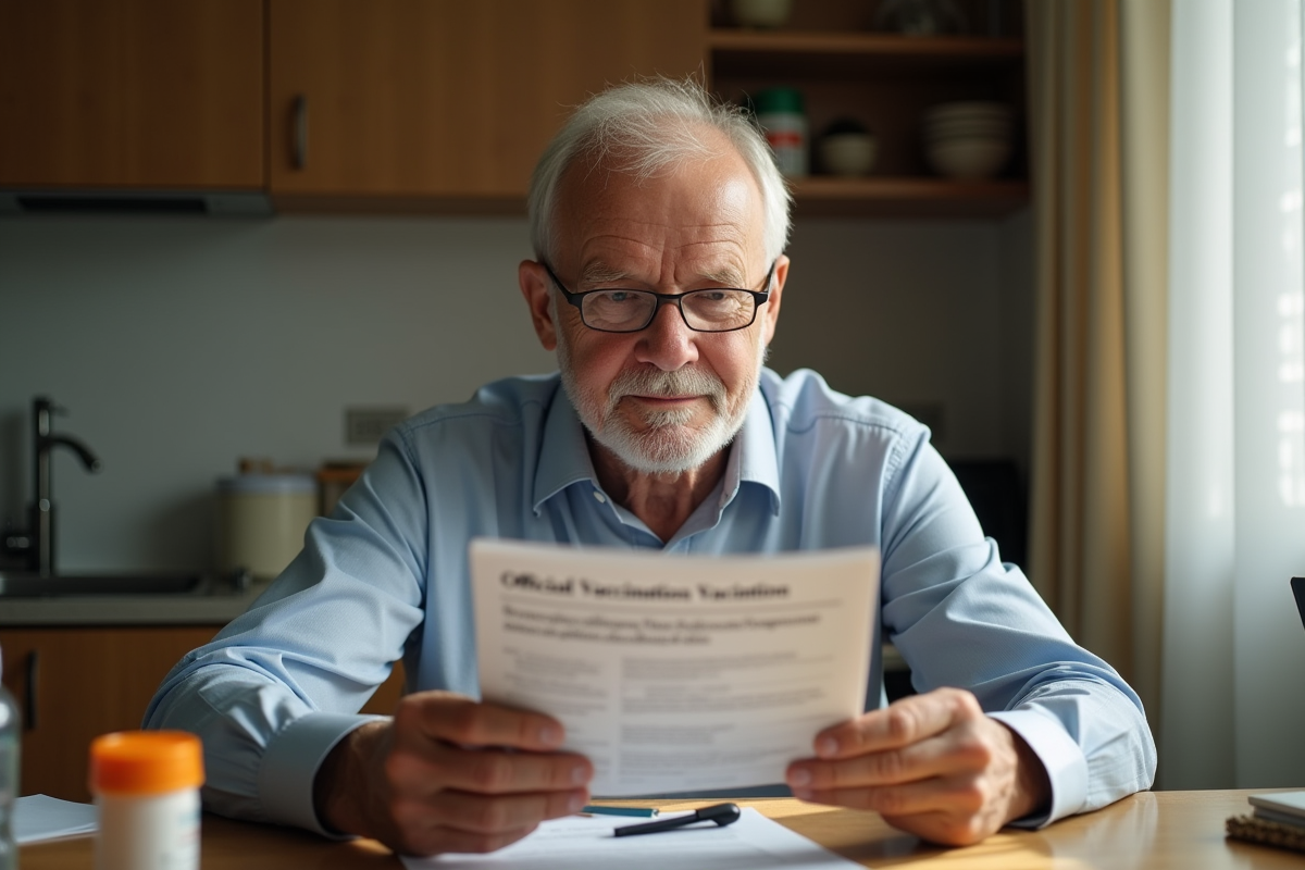 Homme agee lisant une notice de vaccination à la maison