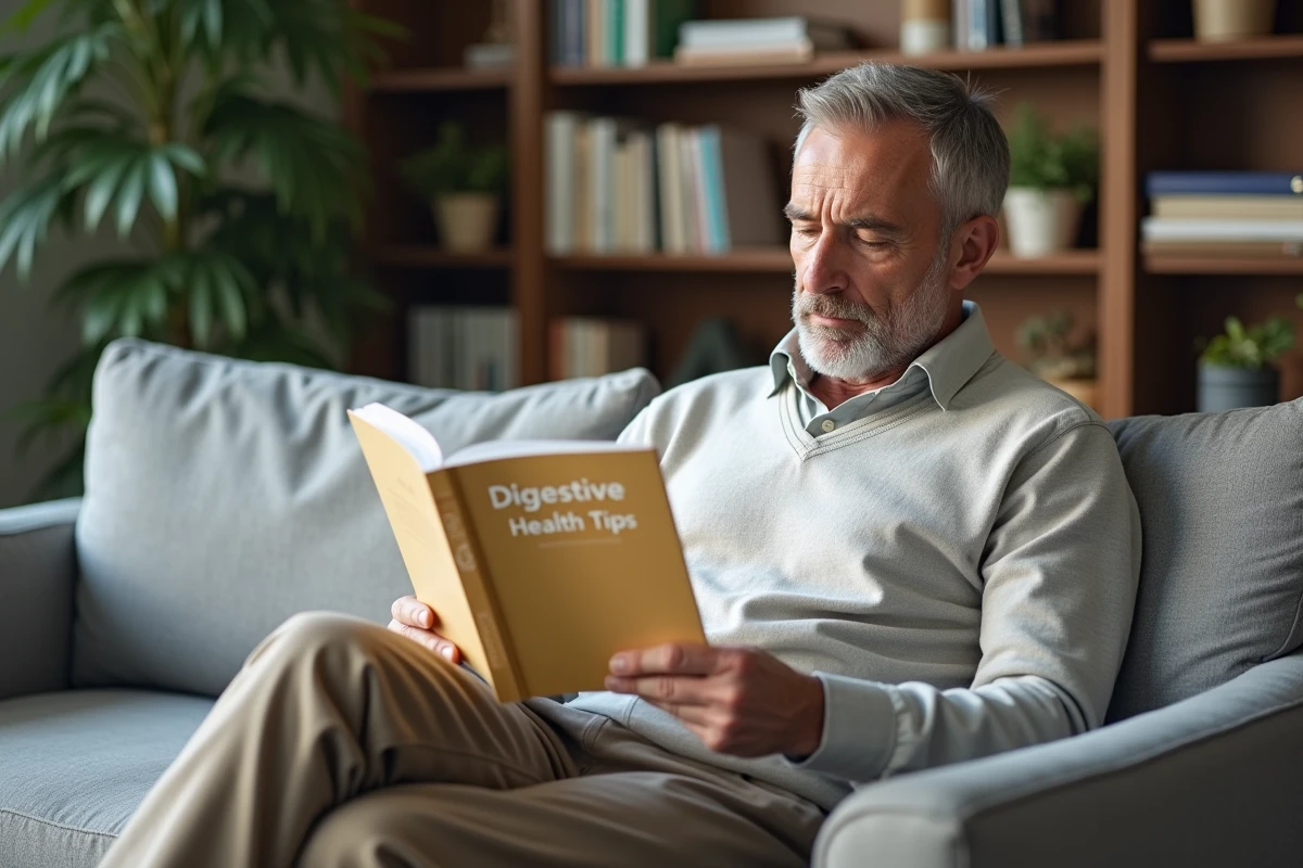 Homme lisant un guide sur la sante digestive à la maison