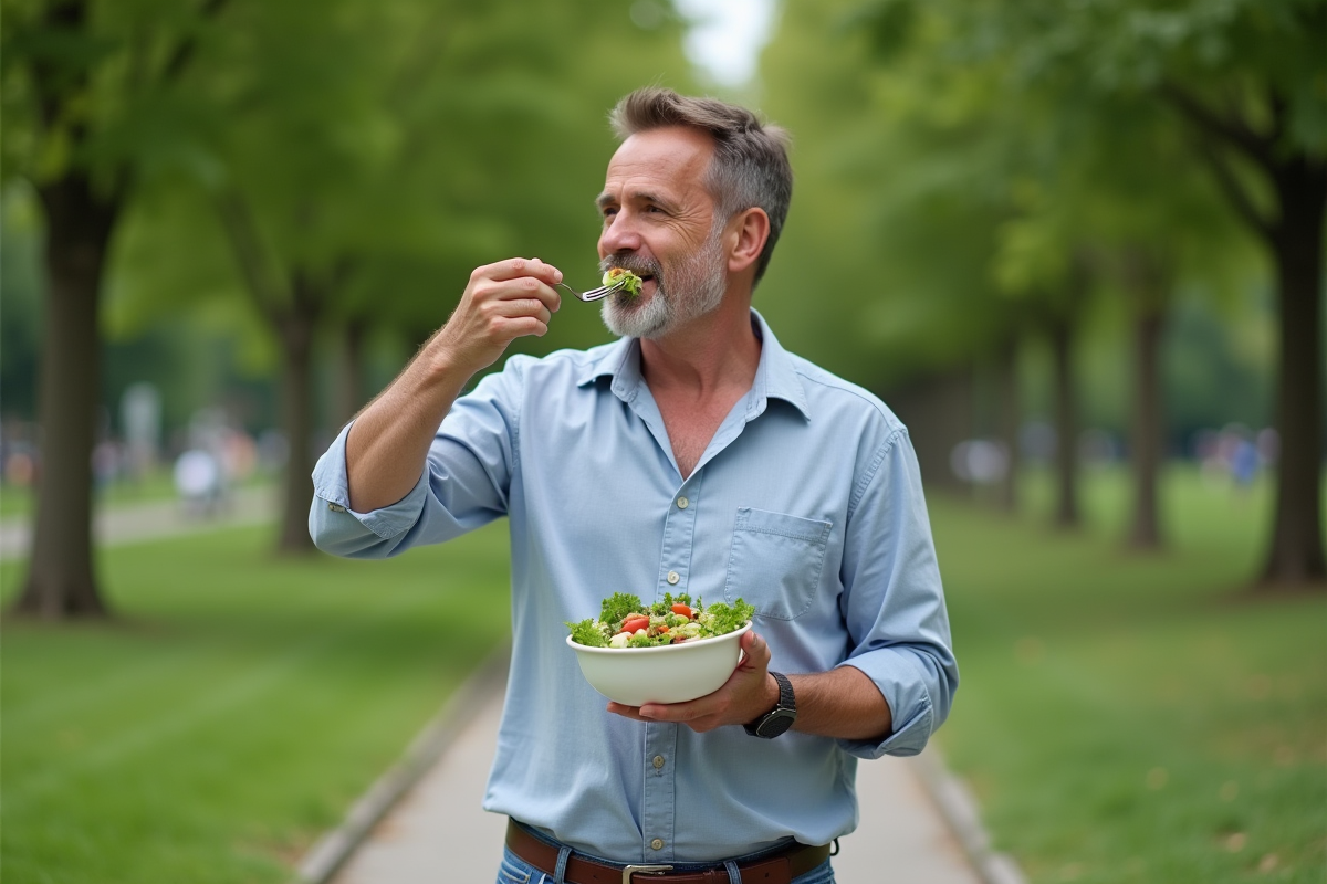 Homme dégustant une salade dans un parc urbain