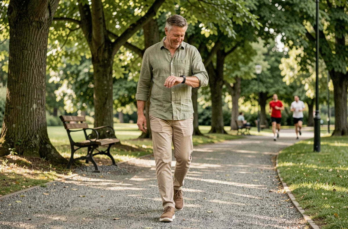 Homme d'âge mûr se promenant tranquillement dans un parc en consultant son podomètre, représentant une marche lente pour atteindre 10000 pas