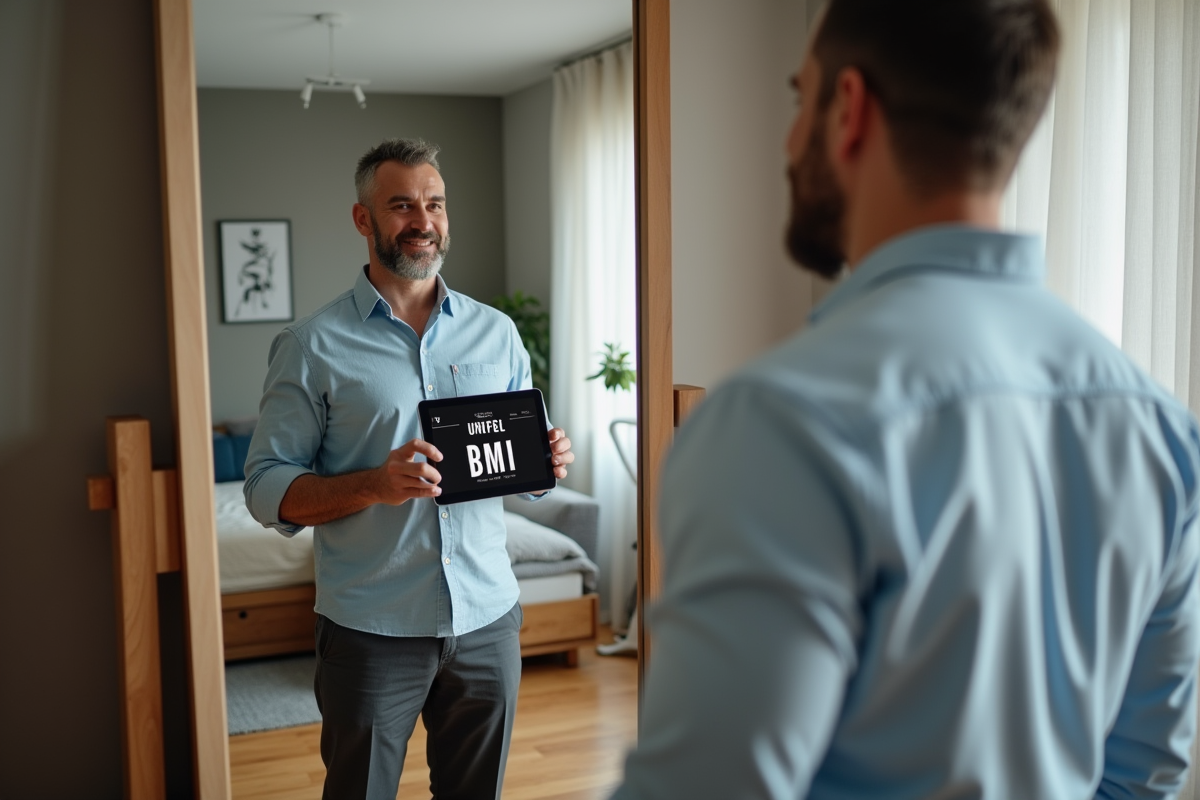 Homme dans la chambre regarde son reflet avec tablette BMI