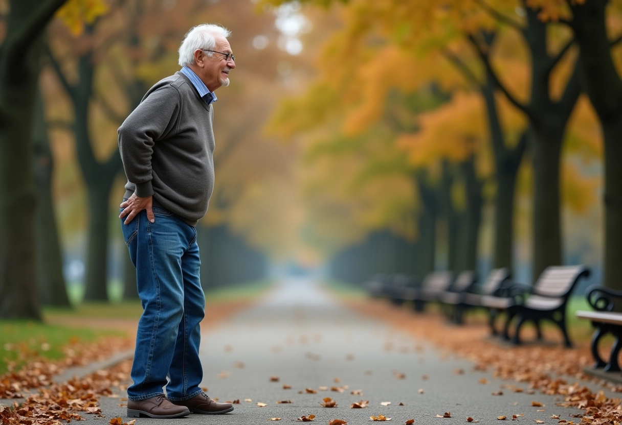 Homme age marche dans un parc avec une posture pensif