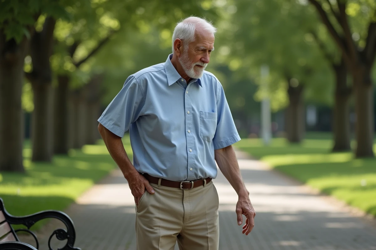 Homme âgé dans un parc urbain avec expression anxieuse