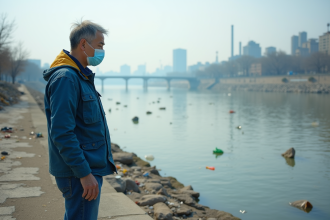Homme masqué regardant une rivière polluée en ville