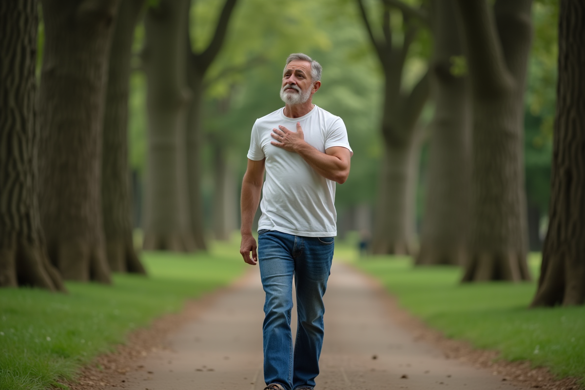 Homme se promenant dans un parc verdoyant