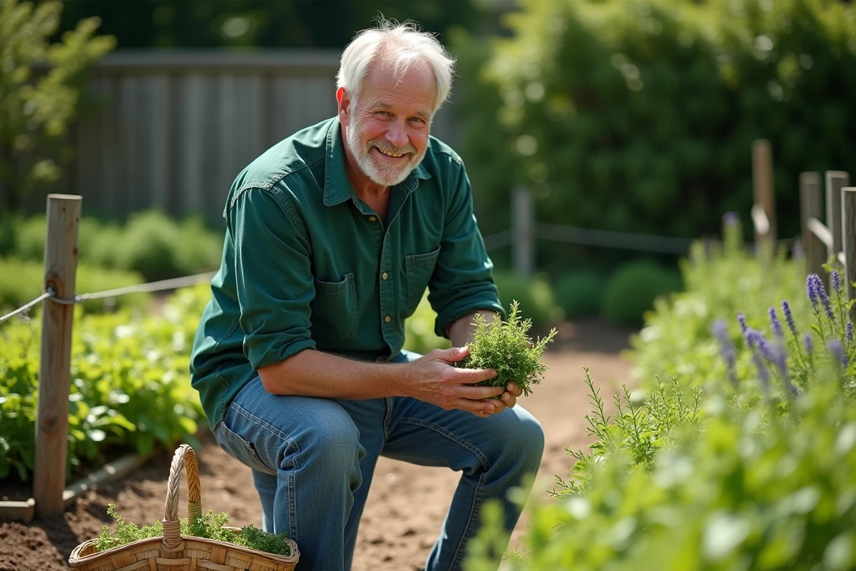 Homme cueillant du thym dans un jardin ensoleille